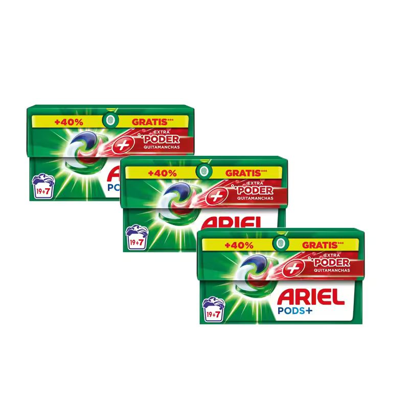 Imagen de: Pack De Ariel All-in-One Detergente Lavadora Líquido en Cápsulas/Pastillas,19+7 (78 o 130) Lavados, Más Poder Extra Quitamanchas, Limpieza Profunda