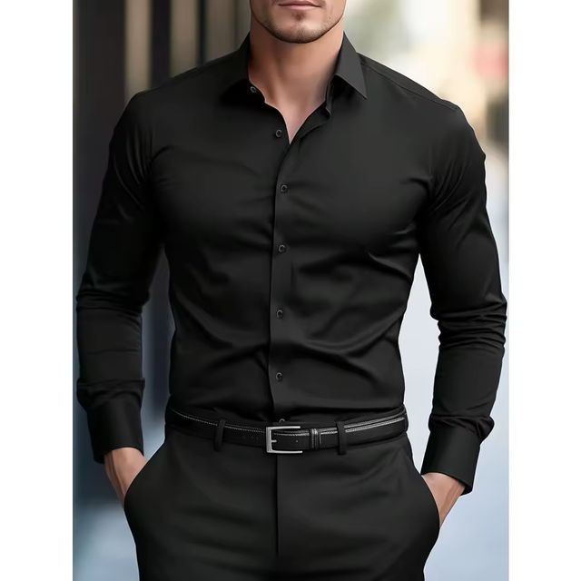 Imagen de la oferta: 2025 Camisa de hombre a estrenar Color sólido manga larga inteligente Casual cuatro estaciones elástico camisas de negocios masculinas