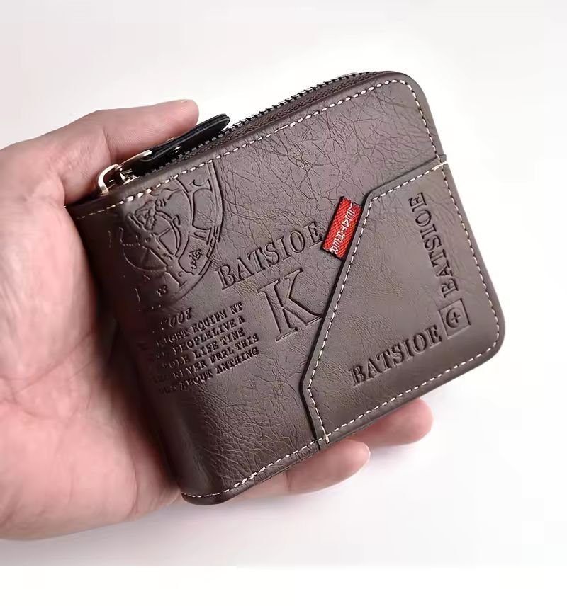Imagen de: Cartera para hombre hecha de PU, monedero de piel de aceite de cera para hombre, monedero corto para hombre, tarjetero, billeteras con cremallera alrededor del dinero, monedero