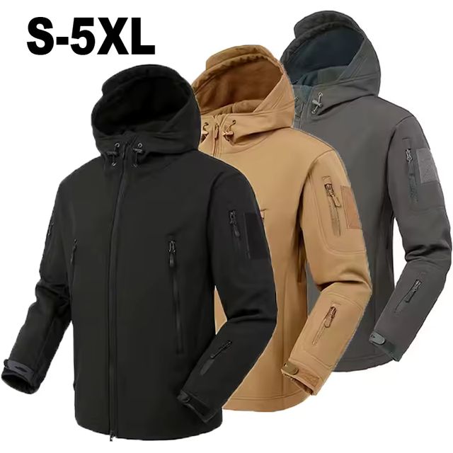 Imagen de la oferta: Chaquetas de lana SoftShell de otoño e invierno para hombre, abrigo a prueba de viento con capucha para hombre, pantalones cálidos para pesca, senderismo, Camping, escalada, esquí