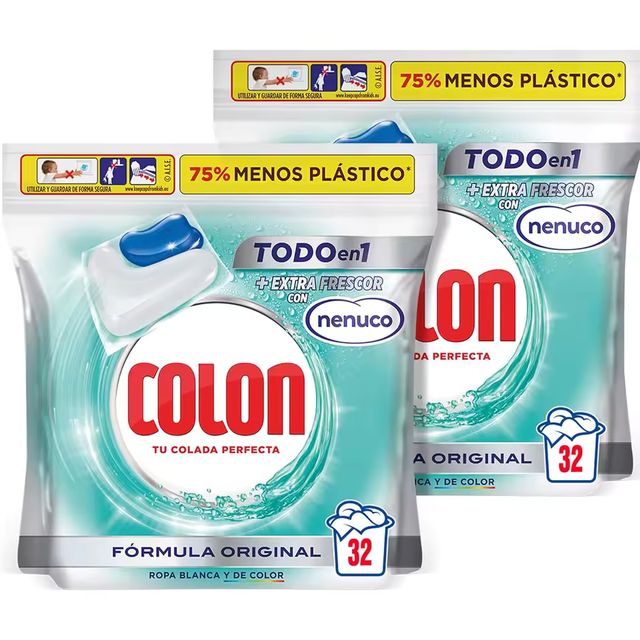 Imagen de la oferta: Colon Nenuco Detergente para la lavadora, adecuado para ropa blanca y de color, formato cápsulas, Pack de 2, Total 64 dosis