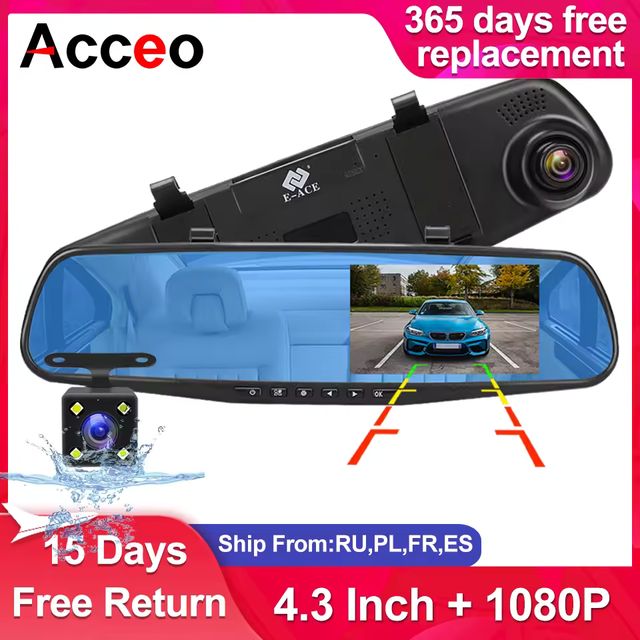 Imagen de la oferta: Dashcam 4,3 pulgadas 1080P IPS coche DVR grabadora de conducción espejo retrovisor lente Dual grabadora de coche soporte cámara de visión trasera caja negra