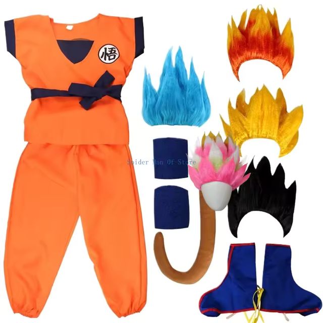 Imagen de la oferta: Disfraces de Anime para niños y adultos, Son Goku Gui, Carnaval, Cosplay, fiestas y vacaciones de Halloween, incluida peluca de muñeca con cola, diseño de oro azul