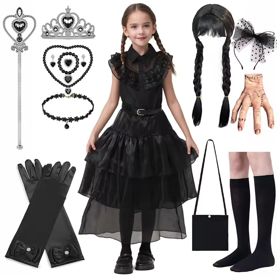 Imagen de: Disfraz corto negro de miércoles 2025, nuevos Vestidos para niños, Cosplay, Carnaval, Pascua, Disfraces de fiesta de Halloween para 3-10 años