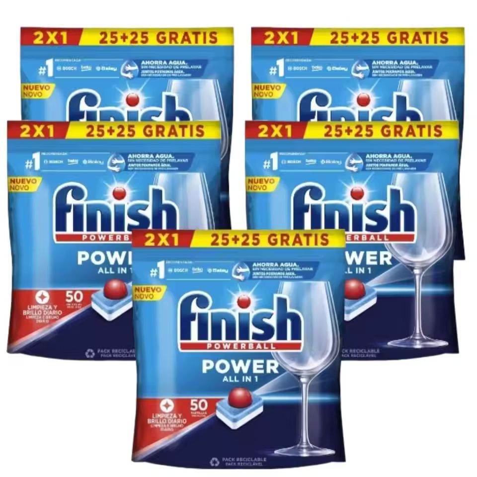 Imagen de: Finish Power All in 1 - Pack de 5 Paquetes De 25+25 (250) Pastillas o Pack De 2 Paquetes De 25+25 (100) Pastillas para lavavajillas sin fosfatos, con potente Powerball para eliminar las manchas de grasa más difíciles