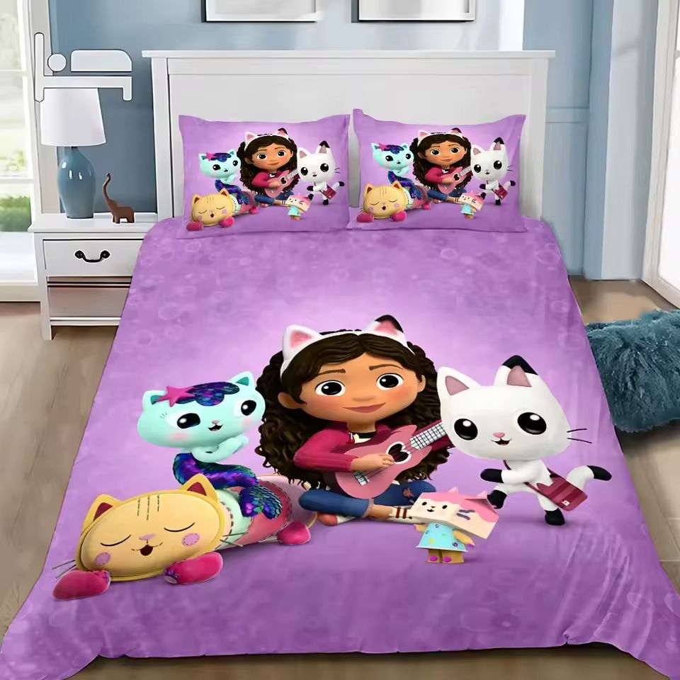 Imagen de: Funda nórdica de dibujos animados, funda de almohada, juego de cama, casa de muñecas Gabbys, decoración de dormitorio para adultos, niños, individual, doble, tamaño grande