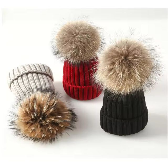 Imagen de la oferta: Gorro con pompones de piel para mujer de marca de invierno, gorro de invierno para mujer y niña, gorros tejidos, gorro grueso para mujer, gorros