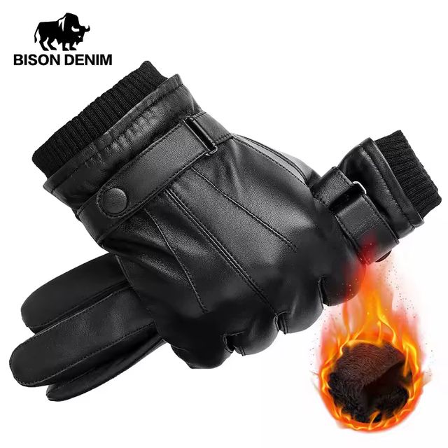 Imagen de la oferta: BISON DENIM guantes de piel de oveja auténtica para hombre Otoño Invierno cálidos pantalla táctil guantes negros de dedo completo de alta calidad S019