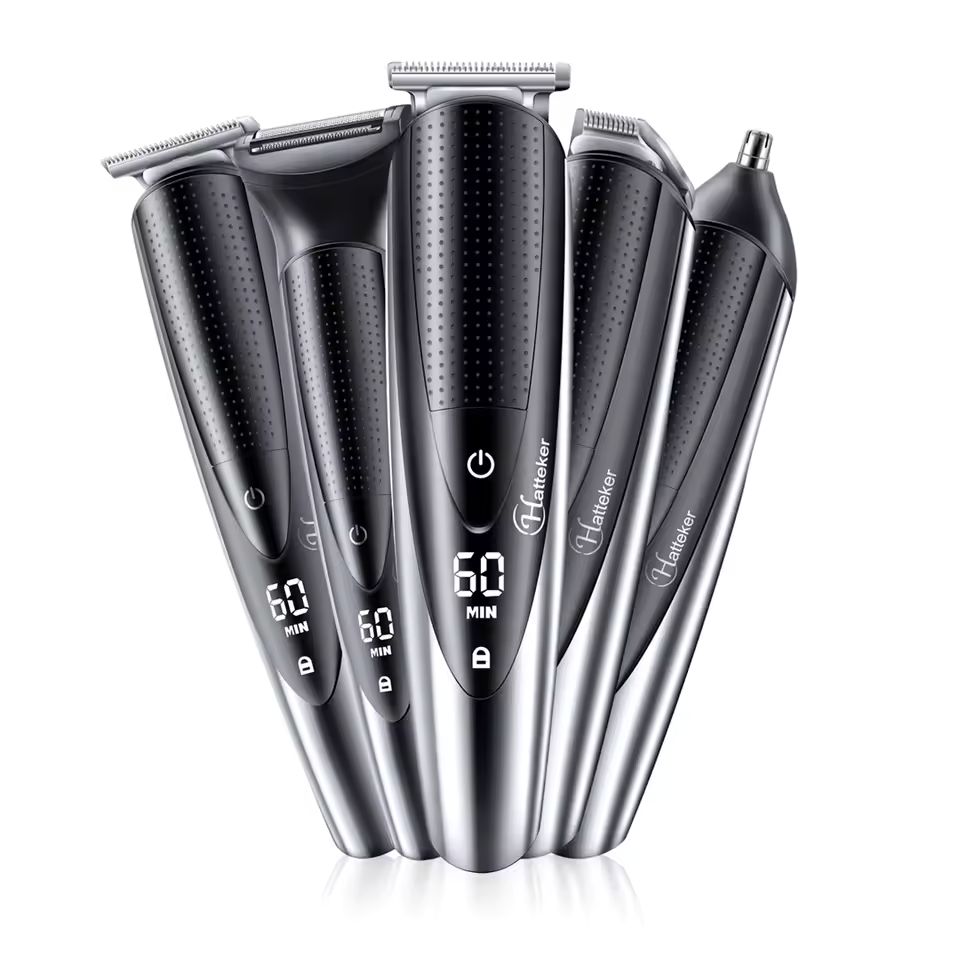Imagen de: Hatteker-Kit de aseo 5 en 1 para hombre, cortadora de pelo inalámbrica, recortadora de barba, recortadora de nariz, resistente al agua, recargable por USB, pantalla LED