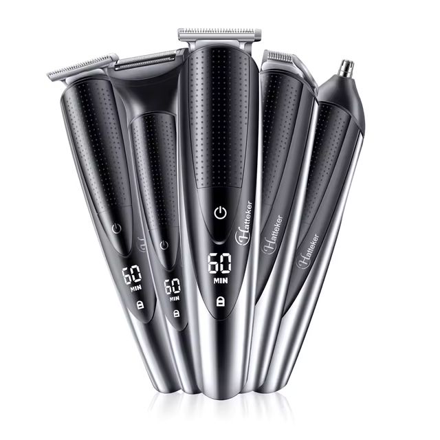 Imagen de la oferta: Hatteker-Kit de aseo 5 en 1 para hombre, cortadora de pelo inalámbrica, recortadora de barba, recortadora de nariz, resistente al agua, recargable por USB, pantalla LED