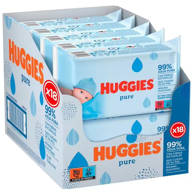 Imagen de la oferta: Huggies Pure Toallitas con 99% Agua Pura, 1008 Toallitas (18 packs de 56 Toallitas). Sin Aditivos ni Fragancias, Suaves Fibras Naturales de Origen Vegetal, Hipoalergénicas, Máxima Suavidad