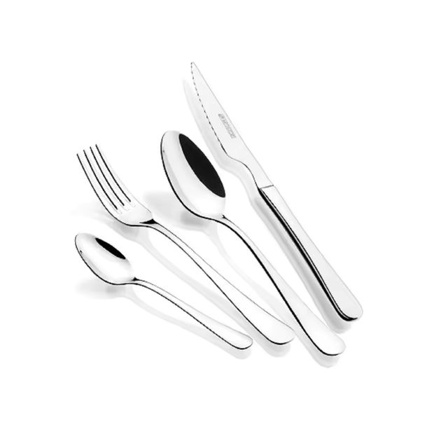 Imagen de la oferta: Monix Trieste - Juego de 24 cubiertos en acero inoxidable con cuchillo chuletero acabado pulido. Cuchara, tenedor, cucharilla