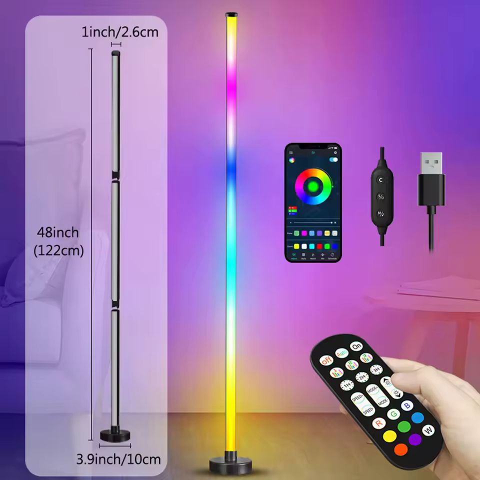 Imagen de: Lámpara de pie LED inteligente RGB, Control remoto y por aplicación, sincronización de música, iluminación de esquina, temporizador, lámpara de pie de ambiente moderna para sala de estar y juegos