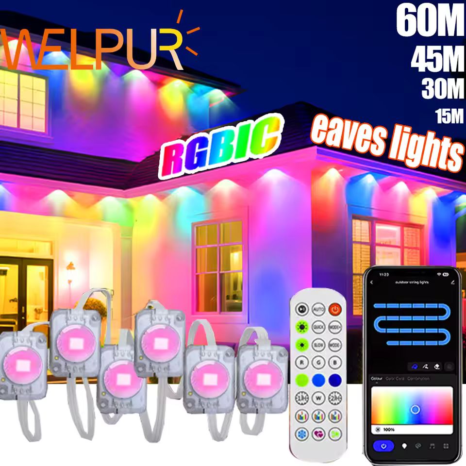 Imagen de: Luces exteriores permanentes de 196 pies/147 pies/98 pies/49 pies RGB + IC, cadena de luces navideñas inteligentes impermeables para decoraciones navideñas de Año Nuevo