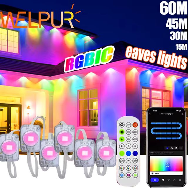 Imagen de la oferta: Luces exteriores permanentes de 196 pies/147 pies/98 pies/49 pies RGB + IC, cadena de luces navideñas inteligentes impermeables para decoraciones navideñas de Año Nuevo