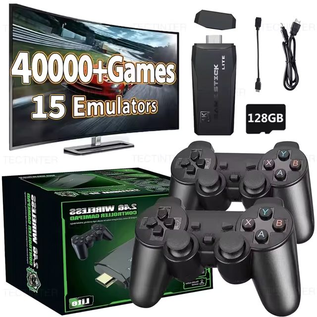 Imagen de la oferta: M8 4K HD Game Stick Mini consolas de videojuegos reproductor de juegos portátil 40000 juegos integrados con controlador inalámbrico doble de 2,4G