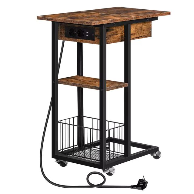 Imagen de la oferta: Mesa auxiliar HOOBRO con estación de carga, mesa de sofá en forma de C, mesa de centro con ruedas y estante, mesita de noche para sala de estar