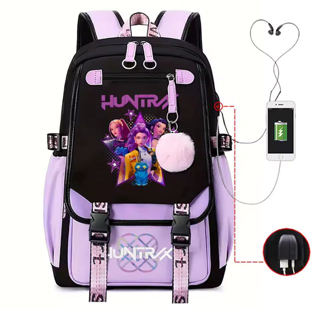 Imagen de la oferta: Mochila escolar para estudiantes, mochila diaria de película KPop, mochilas con estampado de película novedosa para niña y niño, bolsa con puerto USB para ordenador portátil
