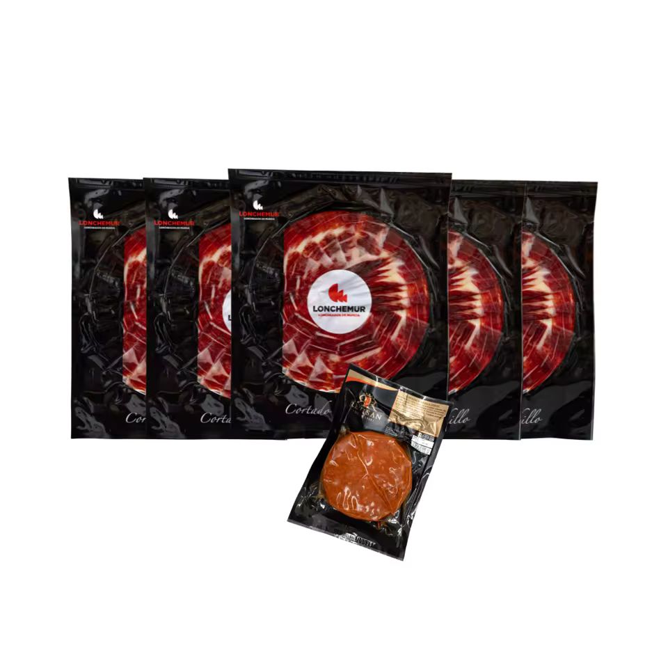 Imagen de: 5 Sobres de Jamón Ibérico 100g Corte a Cuchillo + Sobrasada de Regalo - Pack Gourmet LONCHEMUR