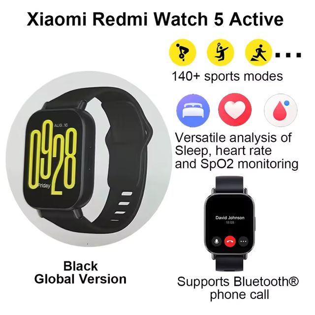 Imagen de la oferta: Xiaomi-reloj inteligente Redmi Watch 5 Active ,control del ritmo cardíaco y del dispositivo con oxígeno en sangre, Bluetooth 5,3, llamadas de voz, pantalla LCD de 2"
