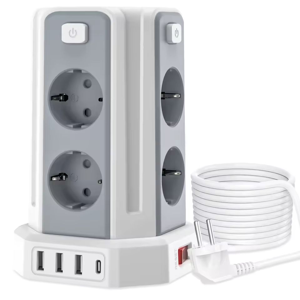 Imagen de: Regleta de alimentación de 3 metros con 8 almohadillas y 3 USB + 1 USB C (2500W/10A), protección contra sobremarcha con interruptor independiente