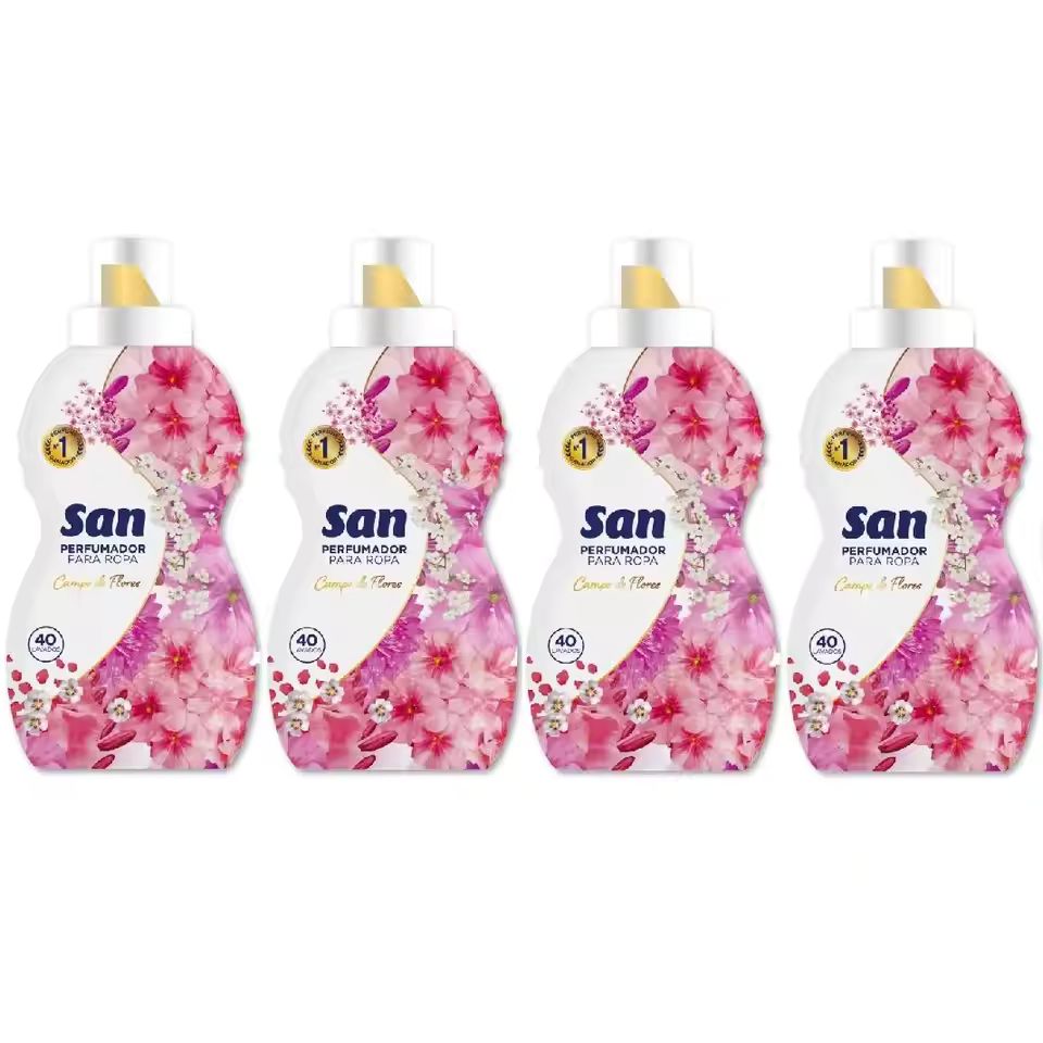 Imagen de: SAN Perfumador para Lavadora Campo de Flores 40 Lavados 800ml (Pack de 4), Liquido Concentrado para Ropa, Fragancia Duradera Suave y Elegante, Olor Floral con Talco y toque de Almizcle