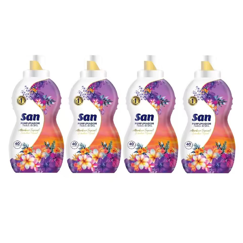 Imagen de: SAN Perfumador para Lavadora Tropical 40 Lavados 800ml (Pack de 4), Líquido Concentrado para Ropa, Fragancia Altamente Sensorial, Sofisticada y Duradera, Olor Afrutado combinado con Flores Tropicales