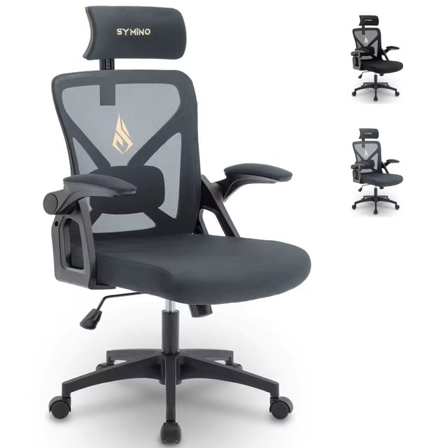 Imagen de la oferta: Silla de oficina Symino con reposacabezas ajustable, reposabrazos, soporte lumbar, silla de oficina ergonómica, función basculante giratoria