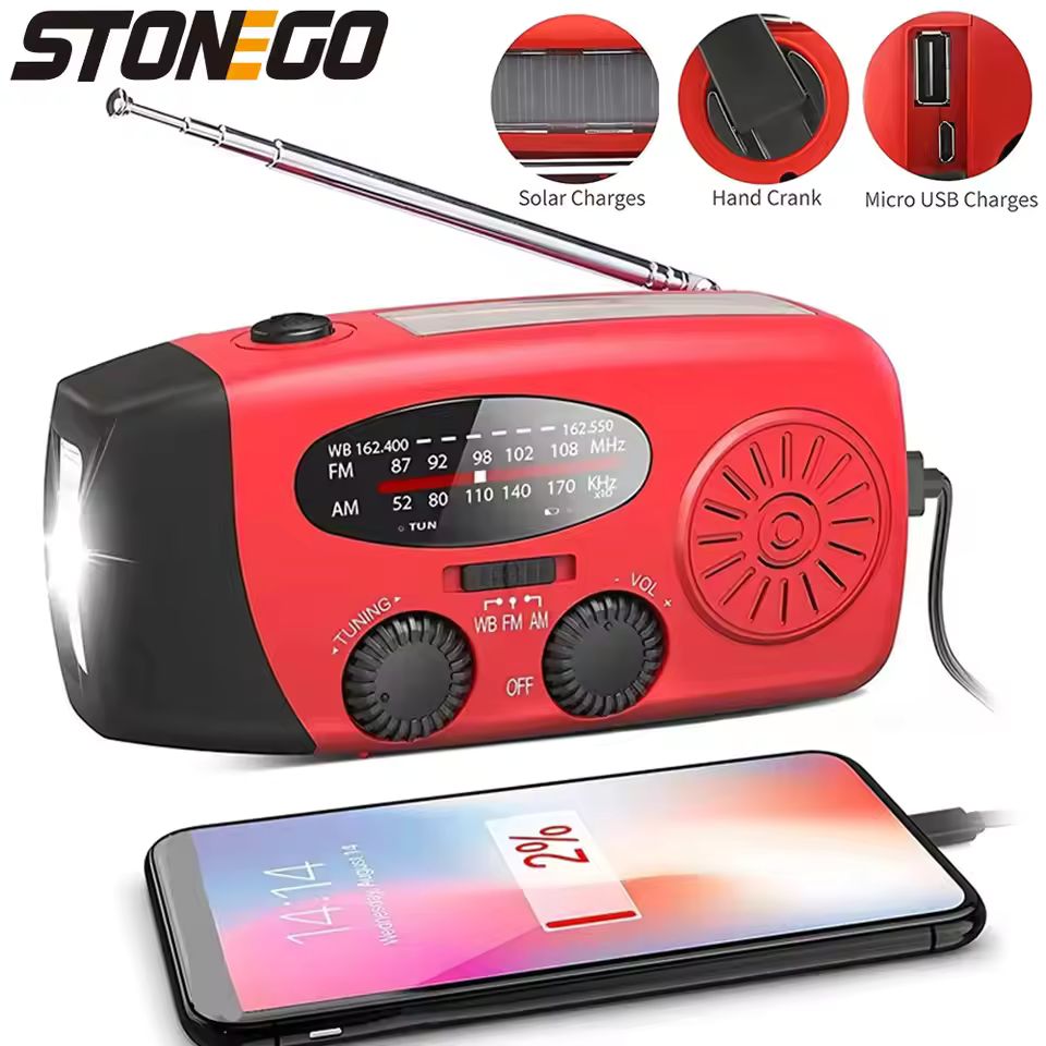 Imagen de: STONEGO-Radio FM multifuncional para exteriores, generador de manivela manual de emergencia, lámpara de mesa de iluminación de carga Solar para teléfono móvil