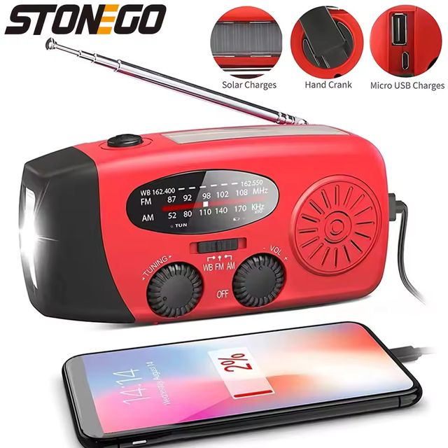 Imagen de la oferta: STONEGO-Radio FM multifuncional para exteriores, generador de manivela manual de emergencia, lámpara de mesa de iluminación de carga Solar para teléfono móvil