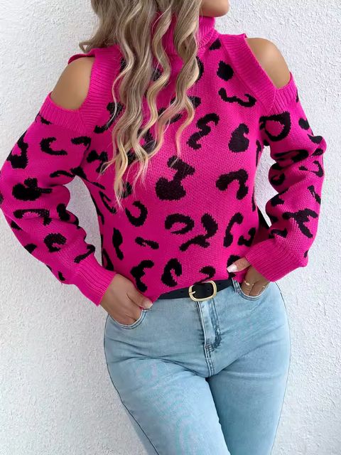 Imagen de la oferta: Tops con estampado de leopardo y hombros descubiertos para mujer, suéteres informales de punto de manga larga con cuello alto y farol para Otoño e Invierno, color caqui y rosa