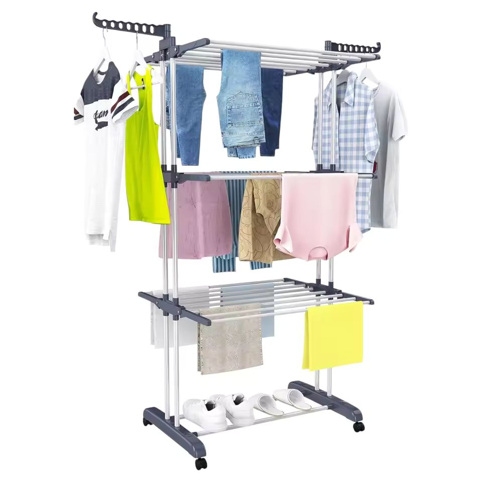 Imagen de: Tendedero Plegable Mikomika de Acero Inoxidable para Ropa, 4 Niveles con Alas Laterales, 6 Bandejas Retráctiles, 35 kg de Capacidad, 4 Ruedas 360° y Diseño Plegable para Ahorrar Espacio (4P-001 2590 D1)