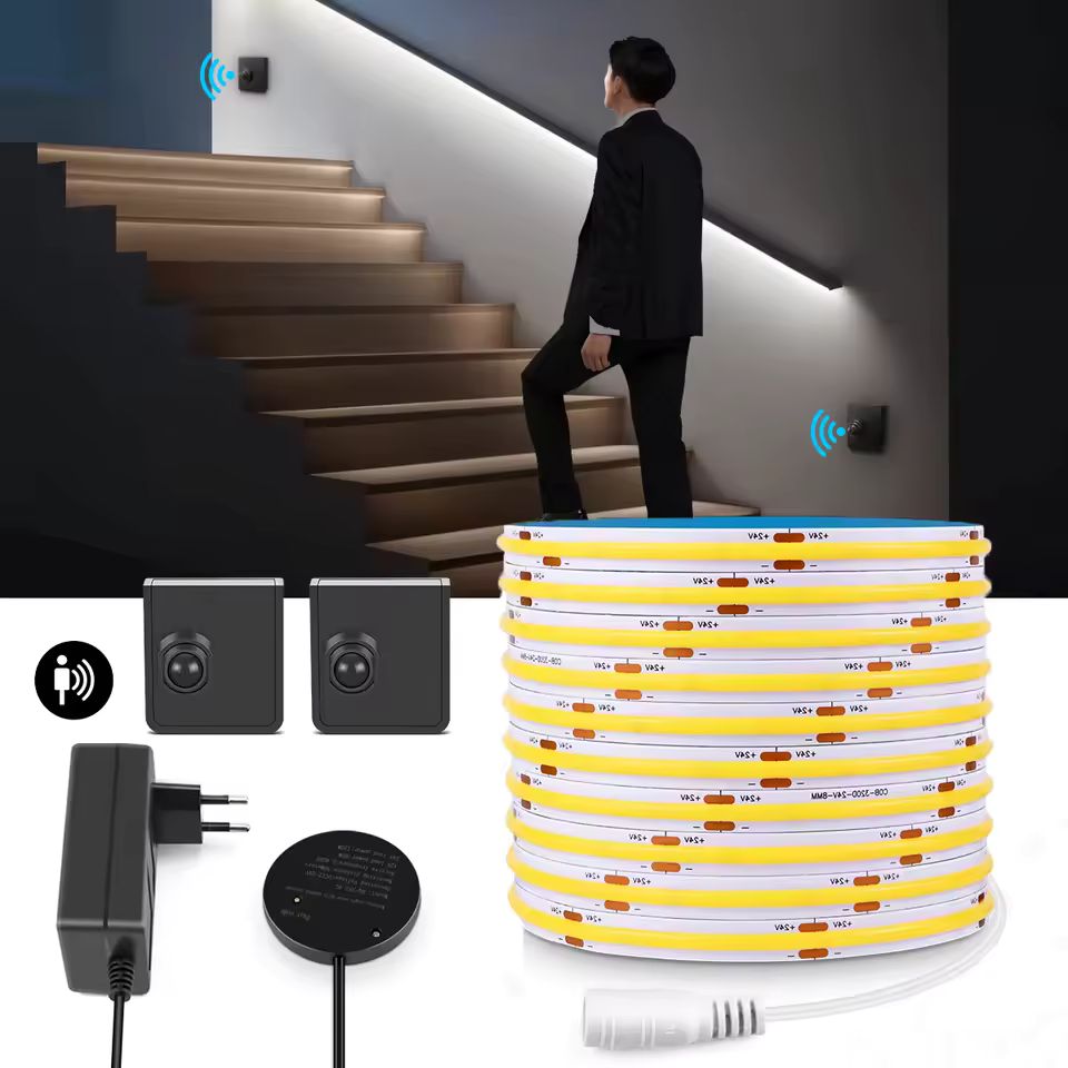 Imagen de: Tira de luces LED con Sensor de movimiento PIR inalámbrico, con receptor RF, 10M/5M/3M, 24V, cinta COB, lámpara nocturna para escaleras, dormitorio y pasillo