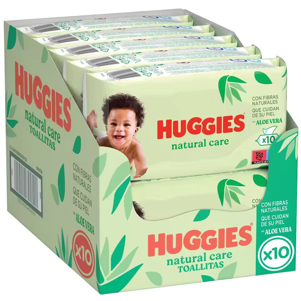 Imagen de: Huggies Natural Care Toallitas 99% Agua y con Aloe Vera, 560 Toallitas (10 packs de 56 Toallitas). Suaves Fibras Naturales de Origen Vegetal, Hipoalergénicas, Sin Parabenos, Calman y Reconfortan la Piel