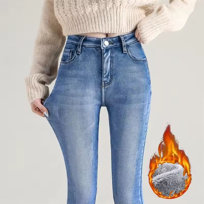 Imagen de: Pantalones vaqueros térmicos para mujer, pantalones pitillo elásticos de lana gruesa y cálida para invierno, pantalones de felpa de terciopelo ajustados a la moda coreana