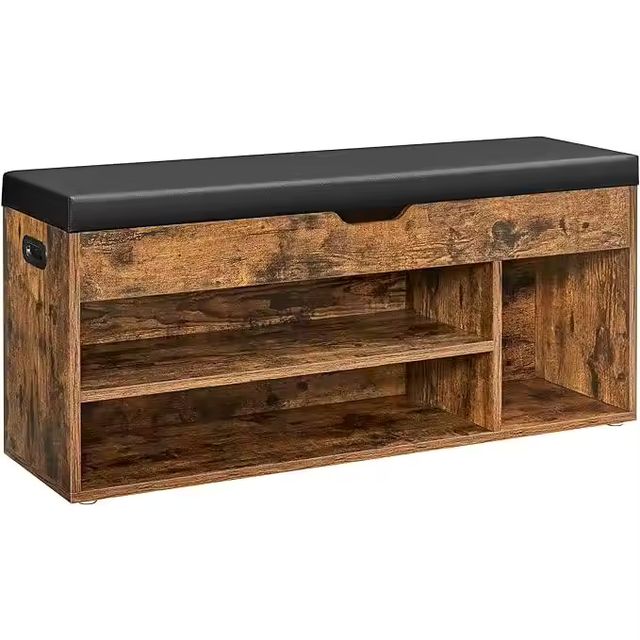 Imagen de la oferta: VASAGLE Banco Zapatero con Cojín, Banco de Almacenamiento, 3 Compartimentos, Almacenamiento Oculto, Estantes, para Sala de Estar, Pasillo, Dormitorio, Carga de 150 kg, Marrón Rústico/Blanco