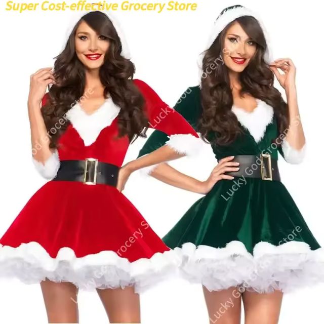 Imagen de la oferta: Moda mujer media manga sólido Popular señoras Santa Claus Navidad tema disfraz Cosplay traje cinturón vestido de Navidad elegante