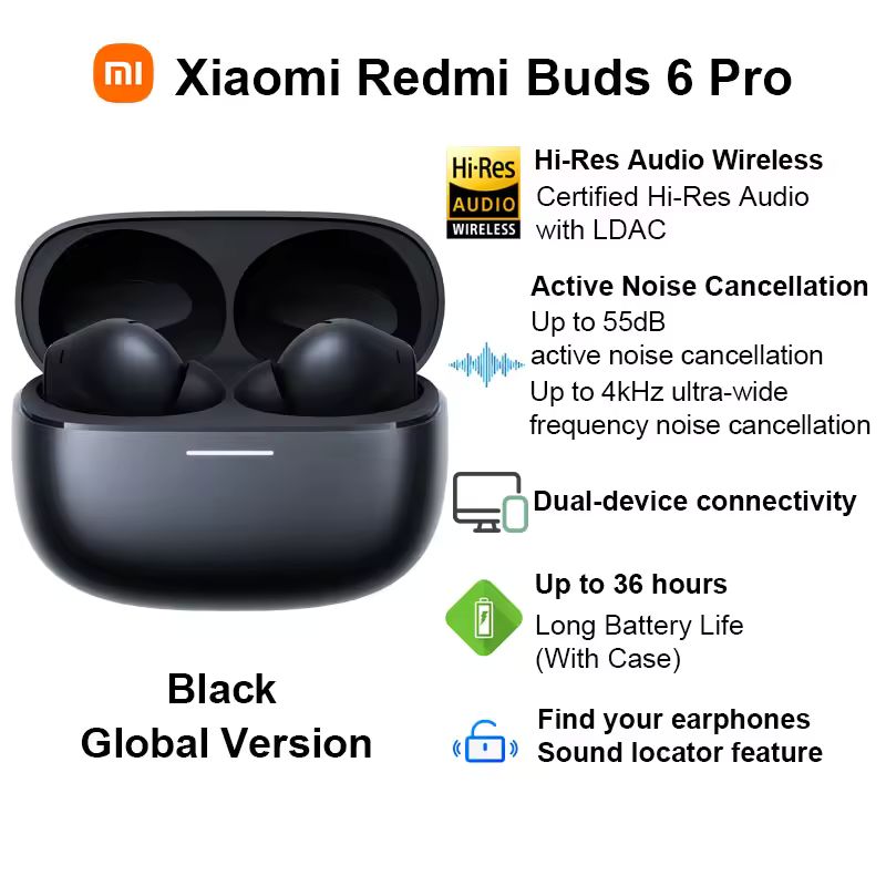Imagen de: Auricular inalámbrico Bluetooth Xiaomi Redmi Buds 6 Pro, Audio de alta resolución con LDAC, auricular inalámbrico con cancelación activa de ruido de hasta 55dB