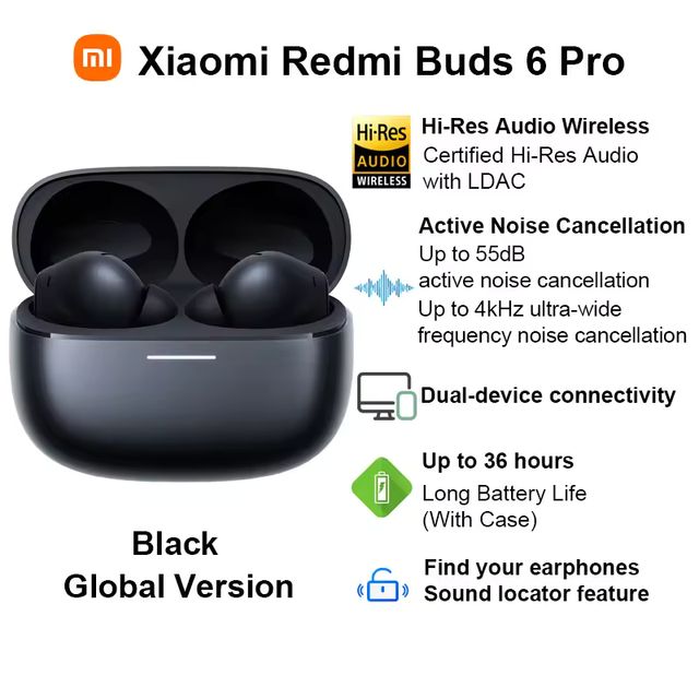 Imagen de la oferta: Auricular inalámbrico Bluetooth Xiaomi Redmi Buds 6 Pro, Audio de alta resolución con LDAC, auricular inalámbrico con cancelación activa de ruido de hasta 55dB