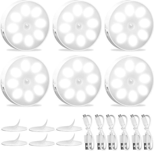 Imagen de la oferta: 6-pack Luz Nocturna Sensor Movimiento Recargable por USB, de Armario, 8 LED, 3 Modos (Auto/On/Off) para Armarios, Pasillo, Escalera, Sótano, Garaje(Blanco Frío)