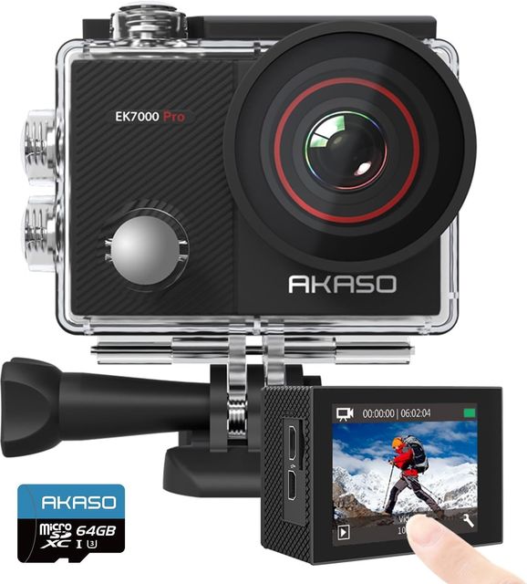 Imagen de la oferta: AKASO EK7000 Pro Cámara Deportiva 4K con Tarjeta de Memoria microSDXC de 64 GB Cámara de Acción 20MP WiFi Cámara Sumergible Acuática 40M con EIS Control Remoto Multi Accesorios