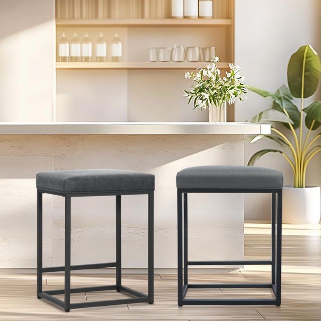 Imagen de la oferta: ALPHA HOME 2 taburetes de bar con reposapiés, sillas de cocina, de piel sintética, sin respaldo, taburetes de bar, para interior y exterior, comedor, bar en