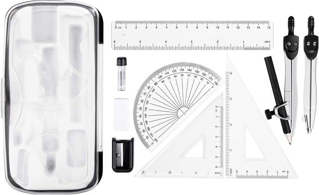 Imagen de la oferta: Amazon Basics Kit para matemáticas de 10 piezas, con compases, lápiz de grafito, goma de borrar, sacapuntas, transportador, triángulo, regla y estuche