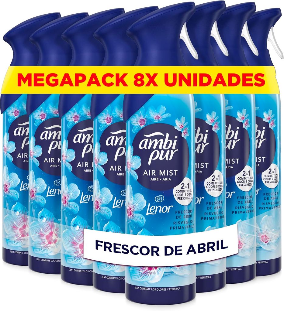 Imagen de: Ambipur Despertar Primaveral Ambientador En Spray 185ml x 8, Con Una Fragancia El Doble De Duradera Que Elimina Olores Y Deja Un Aroma Fresco Y Ligero, El paquete puede variar