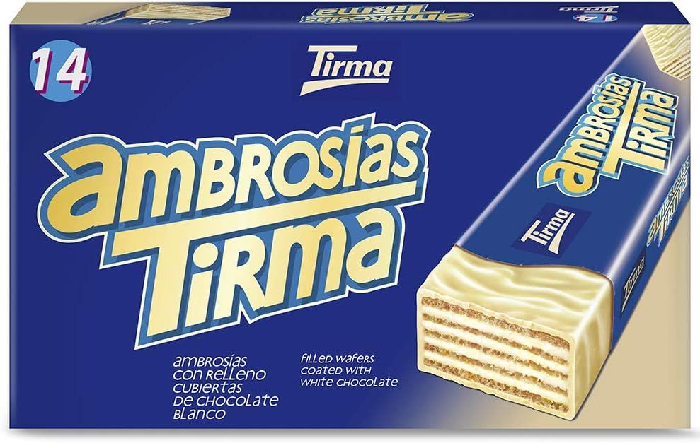 Imagen de: Tirma Ambrosía Cubierta de Chocolate Blanco | Barritas de Barquillos Rellenos de Crema y Bañados en Chocolate Blanco | Chocolatinas Canarias Envasadas Individualmente | 14 uds, 301g