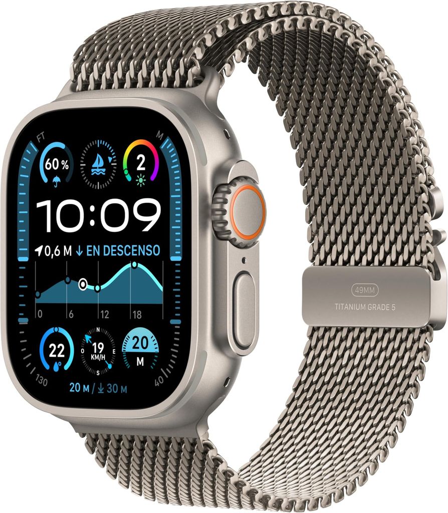 Imagen de: Apple Watch Ultra 2 GPS + Cellular Smartwatch, reloj deportivo con caja de titanio natural resistente 49 mm y Pulsera Milanese Loop en titanio Natural - Talla L. Monitor de entreno y neutro en carbono