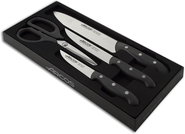 Imagen de la oferta: Arcos Juego de Cuchillos de Cocina cuatro piezas. 3 Cuchillos chef y 1 tijeras Acero Inoxidable y mango ergonómico polioximetileno para cortar carne, pescado y verduras. Serie Maitre. Color negro
