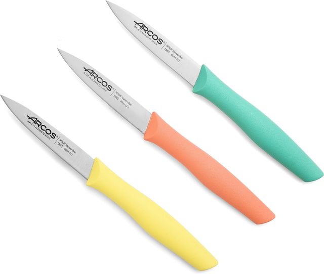 Imagen de la oferta: Arcos Set Cuchillos Mondadores. 3 Piezas Acero Inoxidable. Cuchillos Cocina Peladores Multicolor para Pelar Frutas y Verduras. Mango Ergonómico Polipropileno. Serie Nova. Naranja, Amarillo y Azul