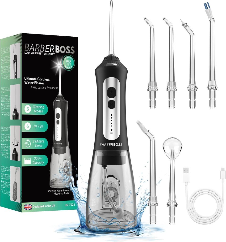 Imagen de: BarberBoss Irrigador bucal, Eliminador de placa dental, Kit de limpieza de dientes, Irrigadores bucales inalámbricos para la salud de las encías, Irrigador bucal eléctrico, QR-7025 (negro)