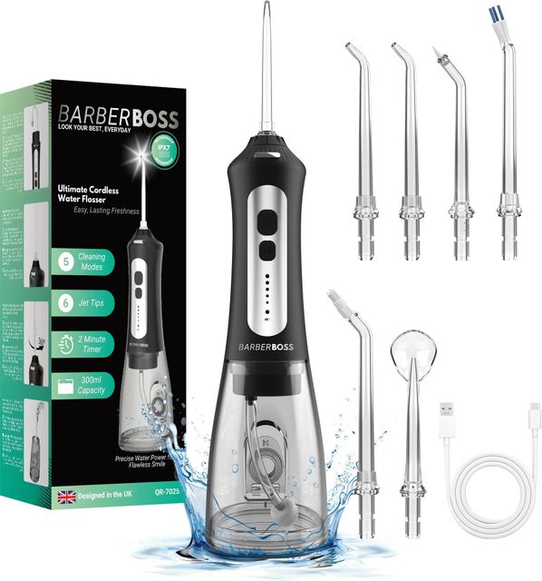 Imagen de la oferta: BarberBoss Irrigador bucal, Eliminador de placa dental, Kit de limpieza de dientes, Irrigadores bucales inalámbricos para la salud de las encías, Irrigador bucal eléctrico, QR-7025 (negro)